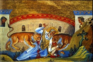 image of St. Ignatius of Antioch being eaten by the lions in Rome. 107 AD